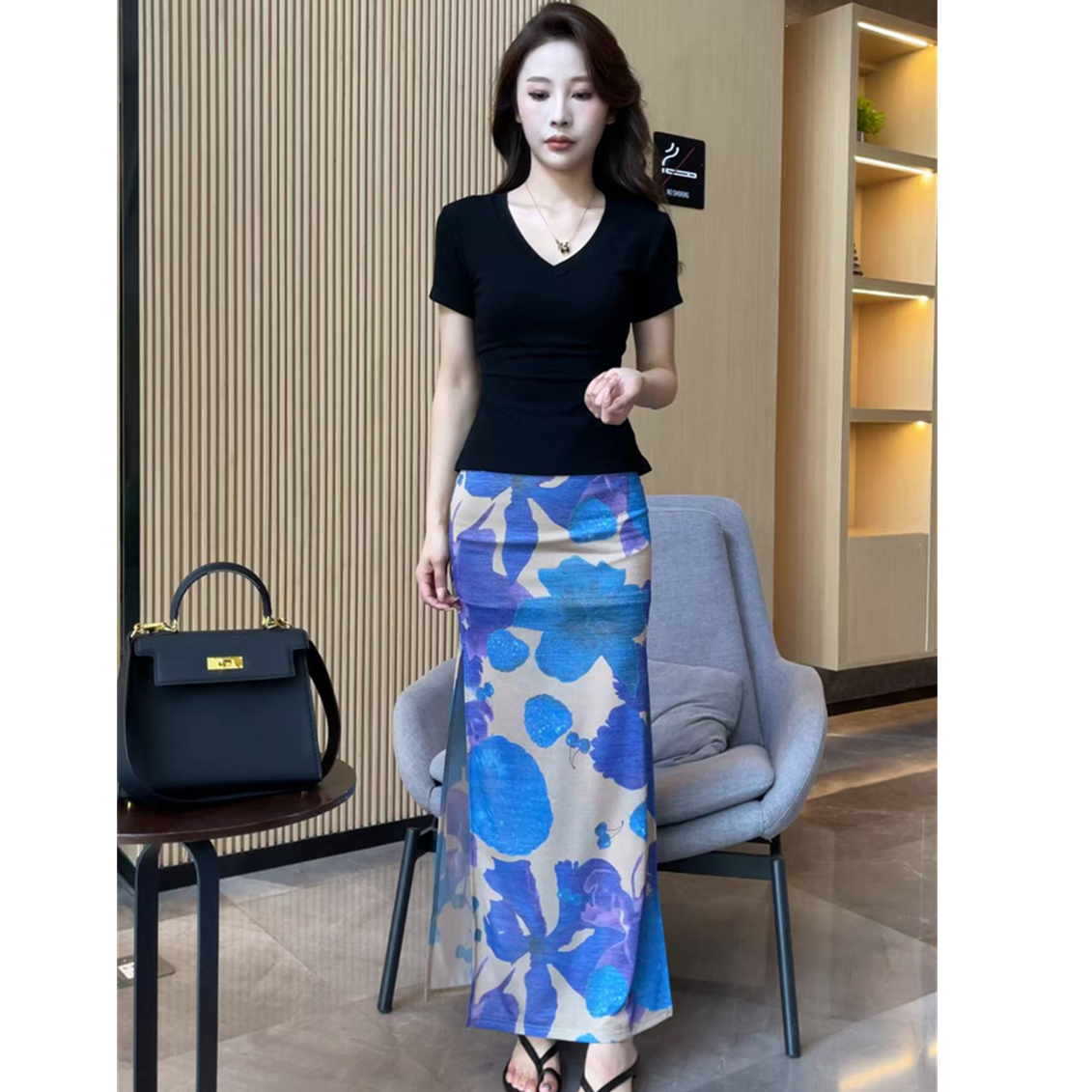 【梦婷家】盛夏海岛度假感印花显瘦百搭双侧开叉半身裙-25640气质