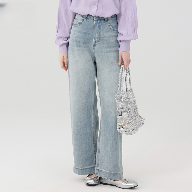 复古直筒牛仔裤女小个子高腰显瘦垂感阔腿长裤子TU23428