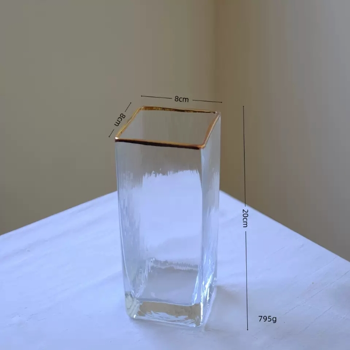 欧式轻奢描金方口玻璃花瓶20公分高限宁夏银川可拍