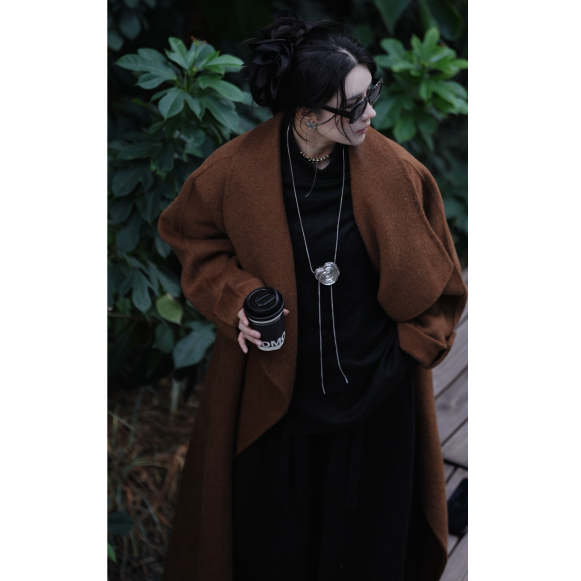 EH羊驼绒秋冬毛呢外套烟熏感棉羊毛大衣宽松时尚外套双面 W4281