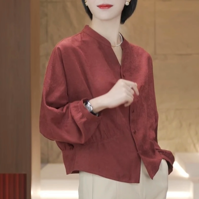 早秋637新款简约显瘦小香风蝙蝠袖时尚圆领衬衣纯欲慵懒风女装