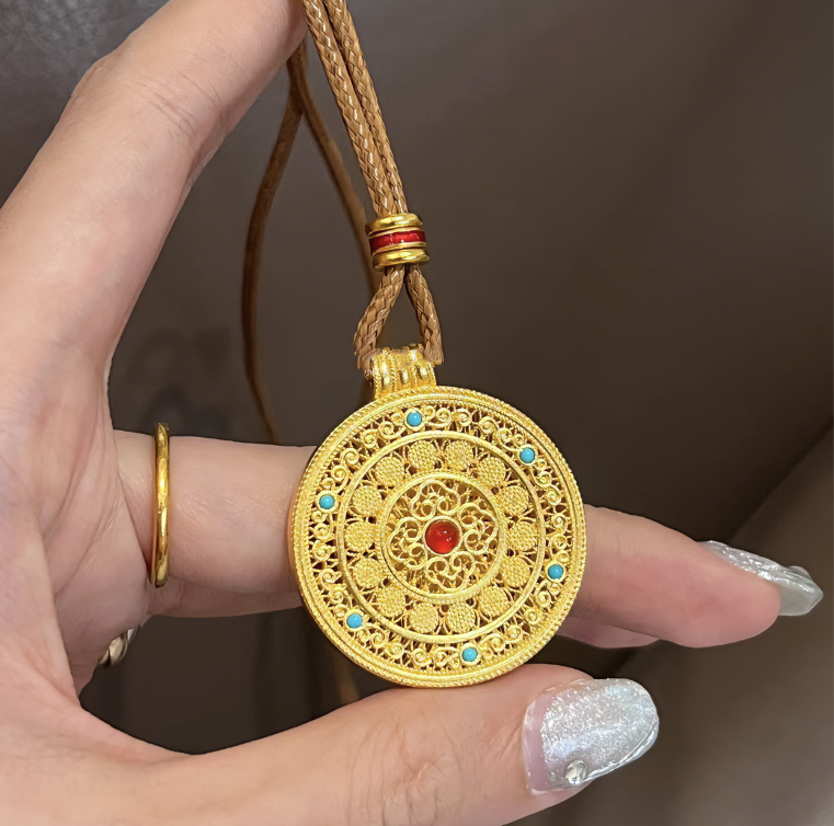 铜合金布艺吊坠 新中式五福如意八宝罗盘吊坠项链复古国潮饰品