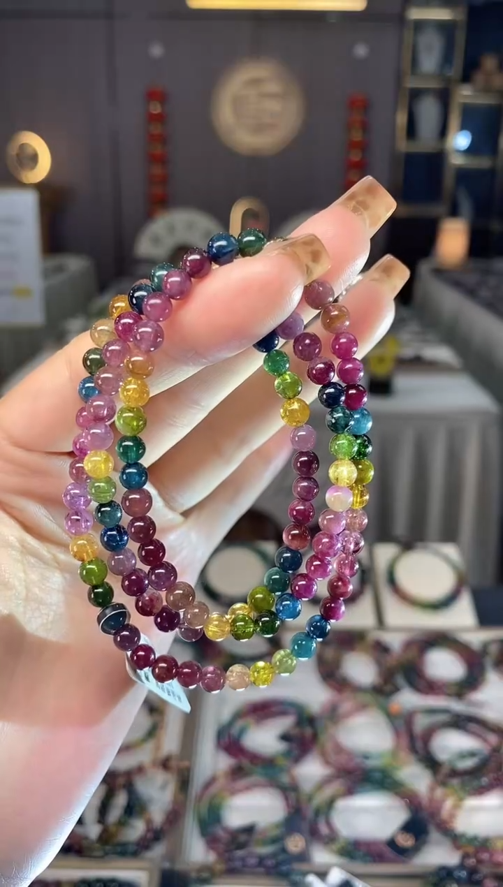 未镶嵌老矿碧玺色标彩虹三圈手串5mm+碧玺dan多样性发货一条