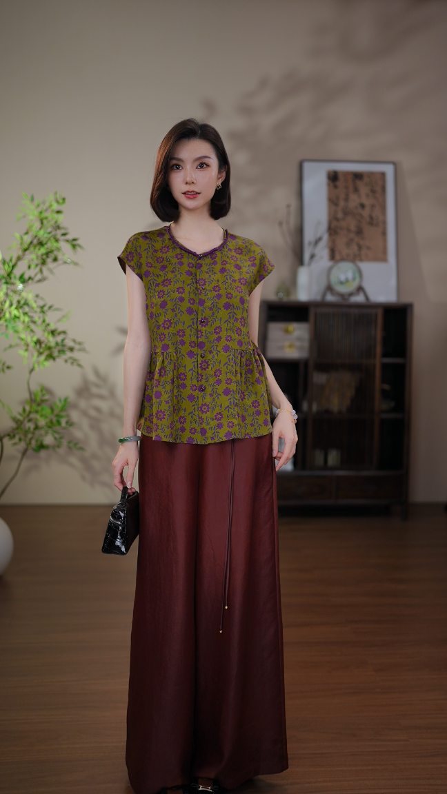 GONG QUE【向阳花】新中式蚕丝香云纱气质显瘦圆领小飞袖上衣 3292