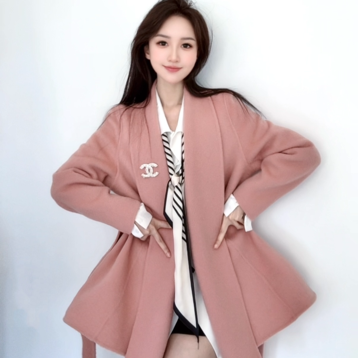 2（哆金）8083豆沙色短中款大衣高端羊毛羊绒小个子显瘦百搭春秋冬