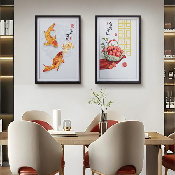 新中式连年有余装饰画饭厅餐桌墙装饰挂画背景墙画连年有余4060