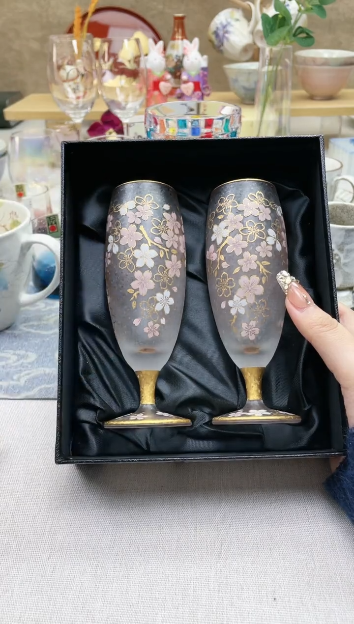 【闪购商品】摆件/盘子/杯子樱花镶金复古高脚对杯