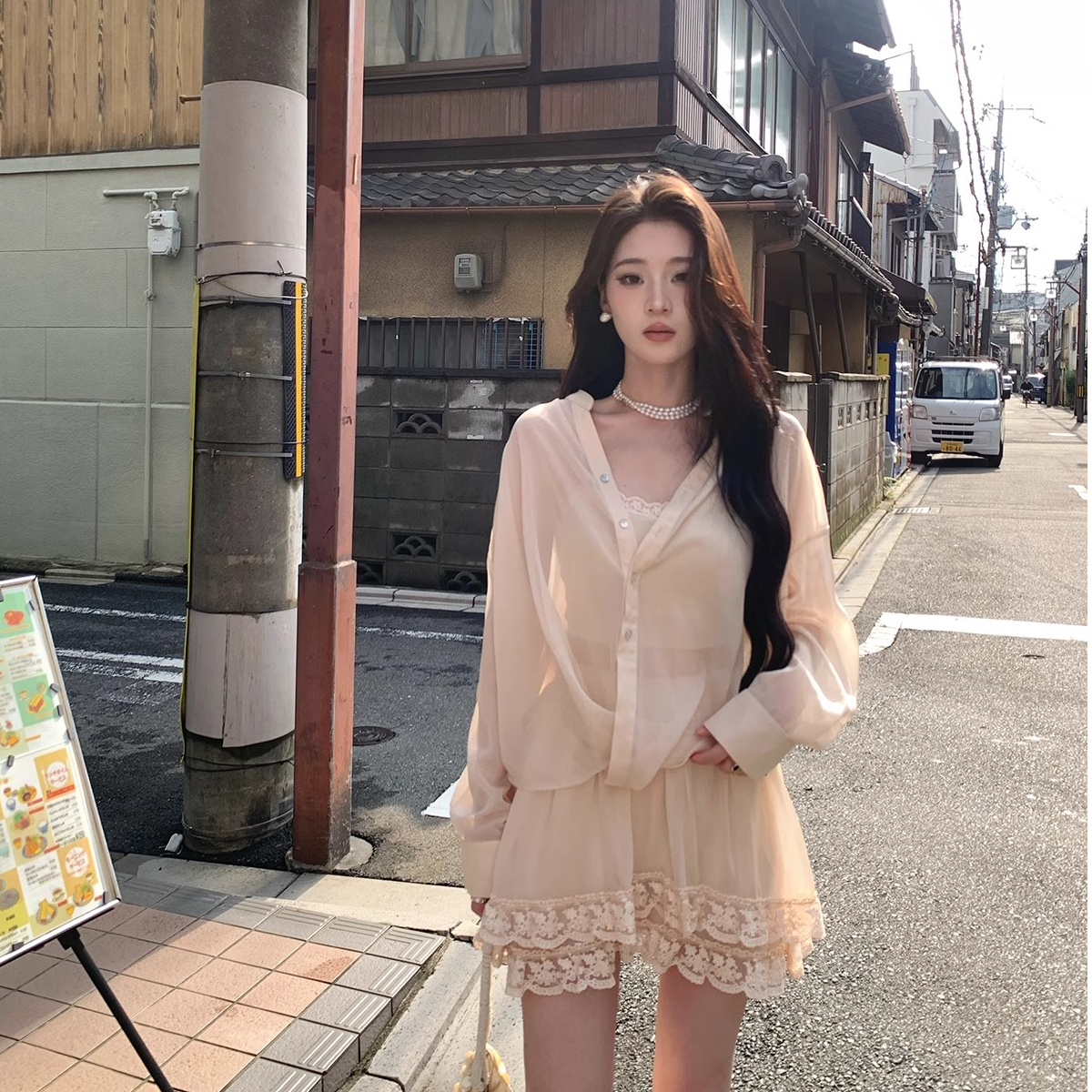 ICELOLLY防晒V领扭结薄纱吊带防晒衬衫上衣拼接蕾丝半裙裤三件套