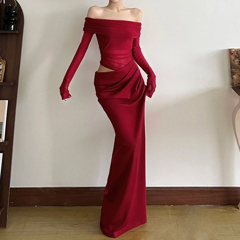 纯欲风红色性感网纱镂空一字肩连衣裙网红跨年新年穿搭战袍裙子