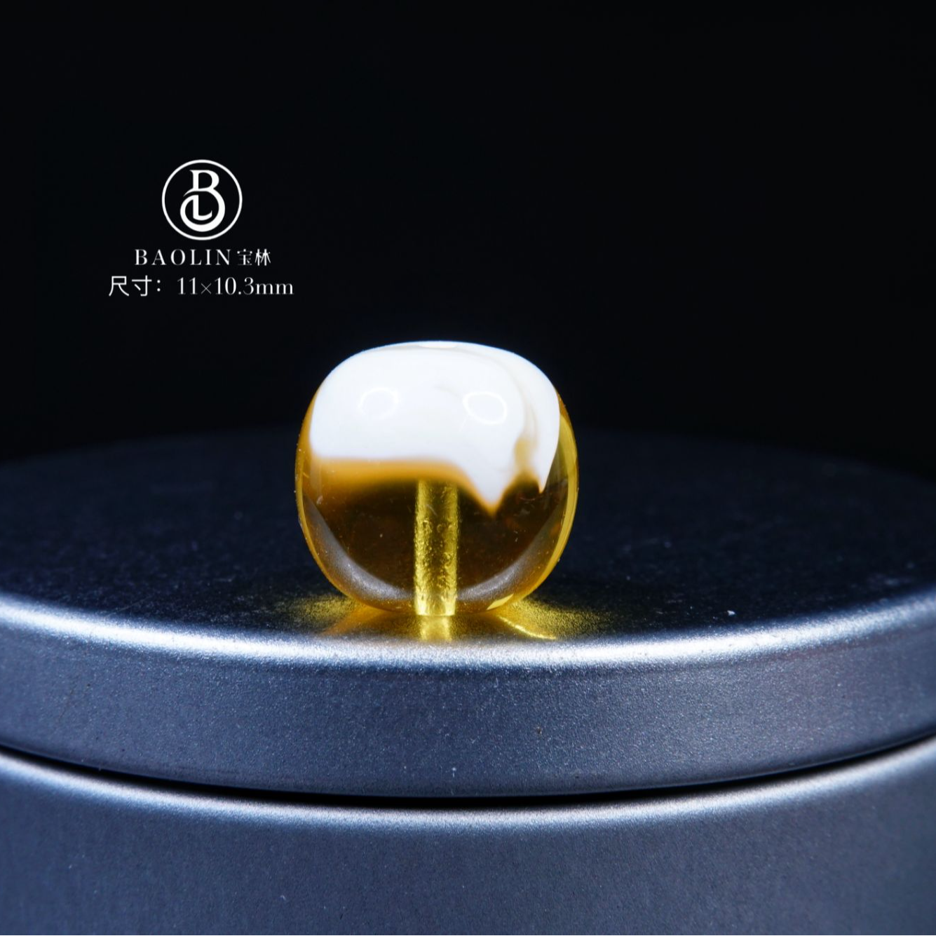 聚宝盆-11mm金漆白溶洞老型单珠F4  天然琥珀蜜蜡配饰 