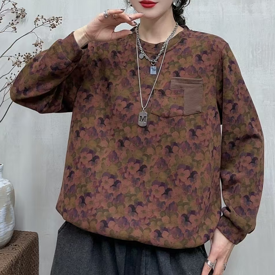 8121春季新款休闲减龄碎花显瘦长袖上衣T恤