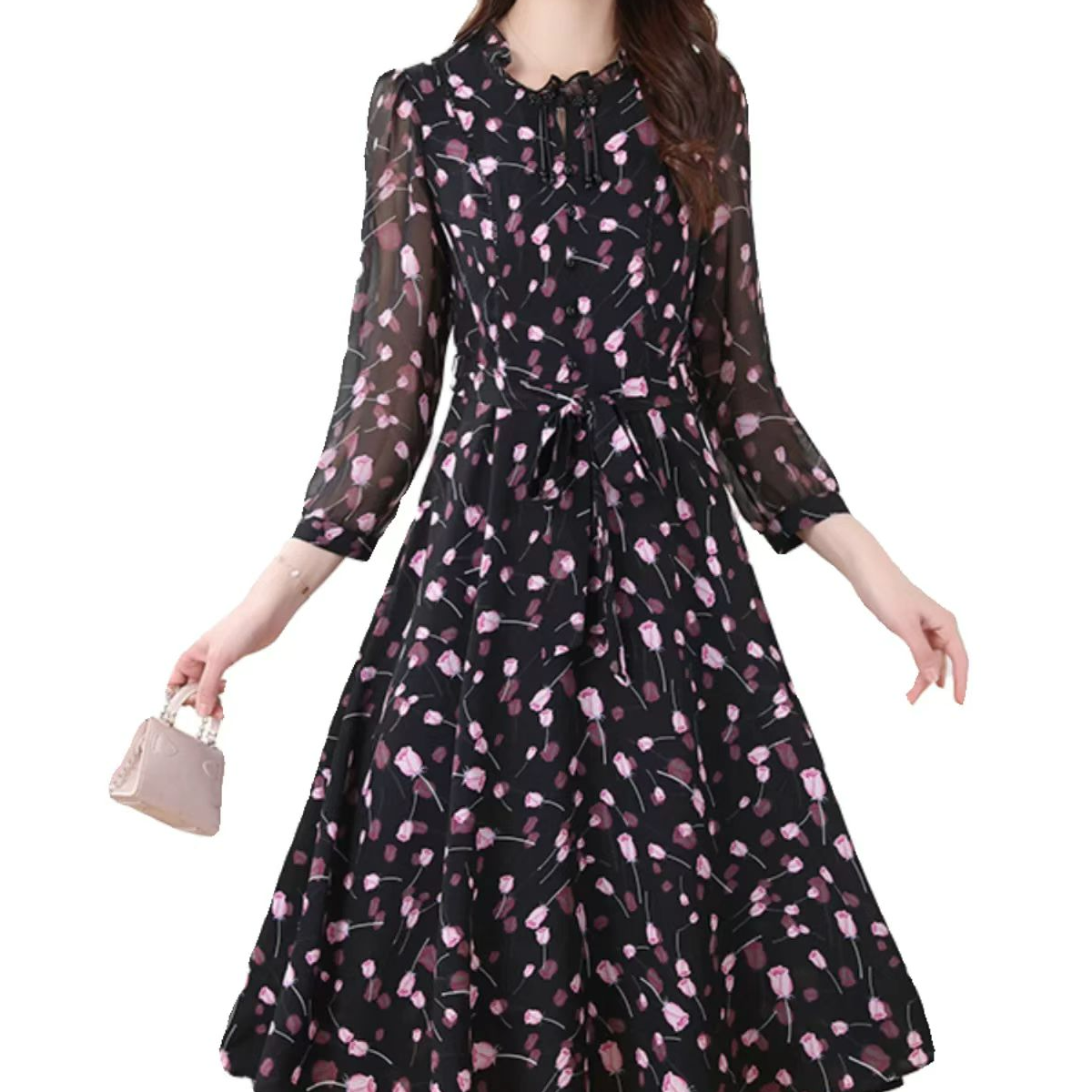 【XY1225】2025年春夏装新款时尚收腰显瘦中长款印花连衣裙