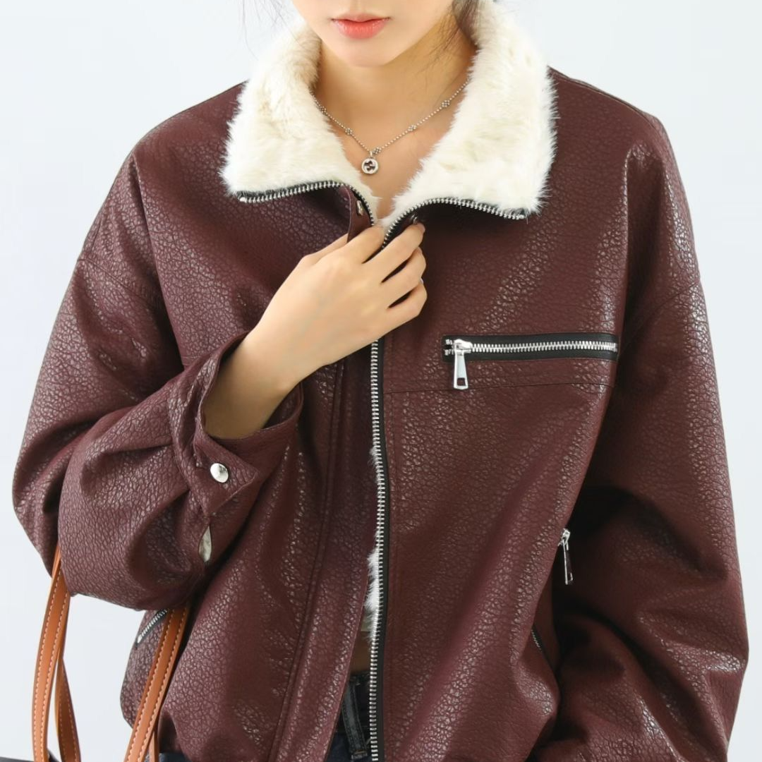 冬季女时尚羊羔毛翻领PU机车服夹克外套皮毛一体皮衣棉服百搭
