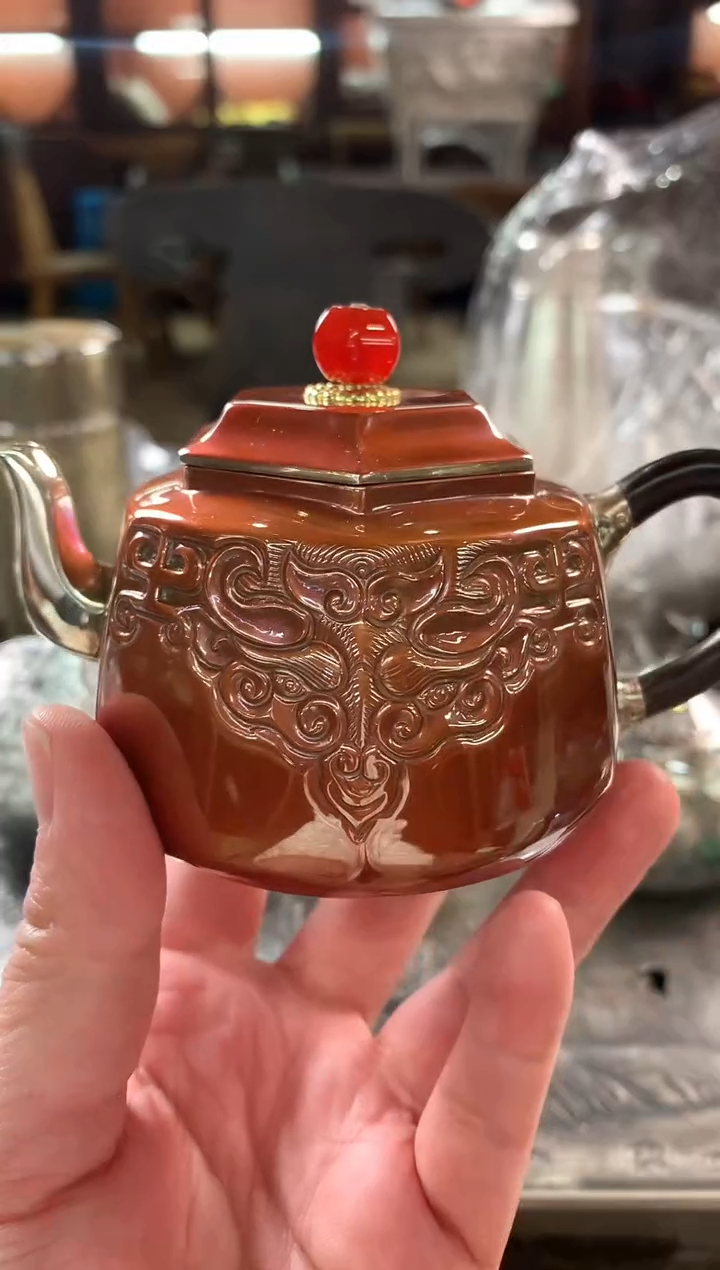 【闪购商品】足银999精工饕餮铜包银泡茶壶