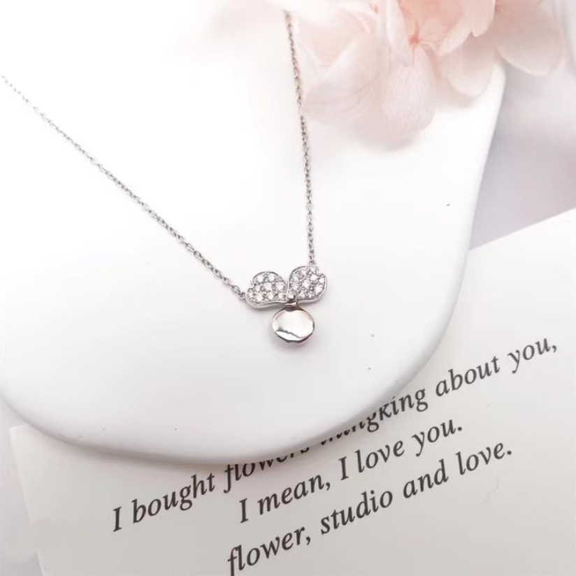 99新 Tiffany & Co./蒂芙尼 三叶草系列 白金半钻项链/首饰