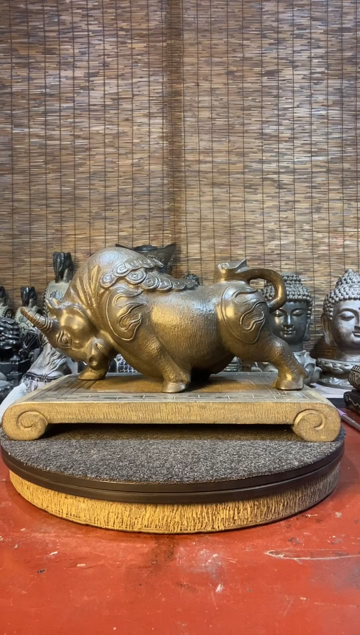 石材天然青石石雕金钱牛+卷桌