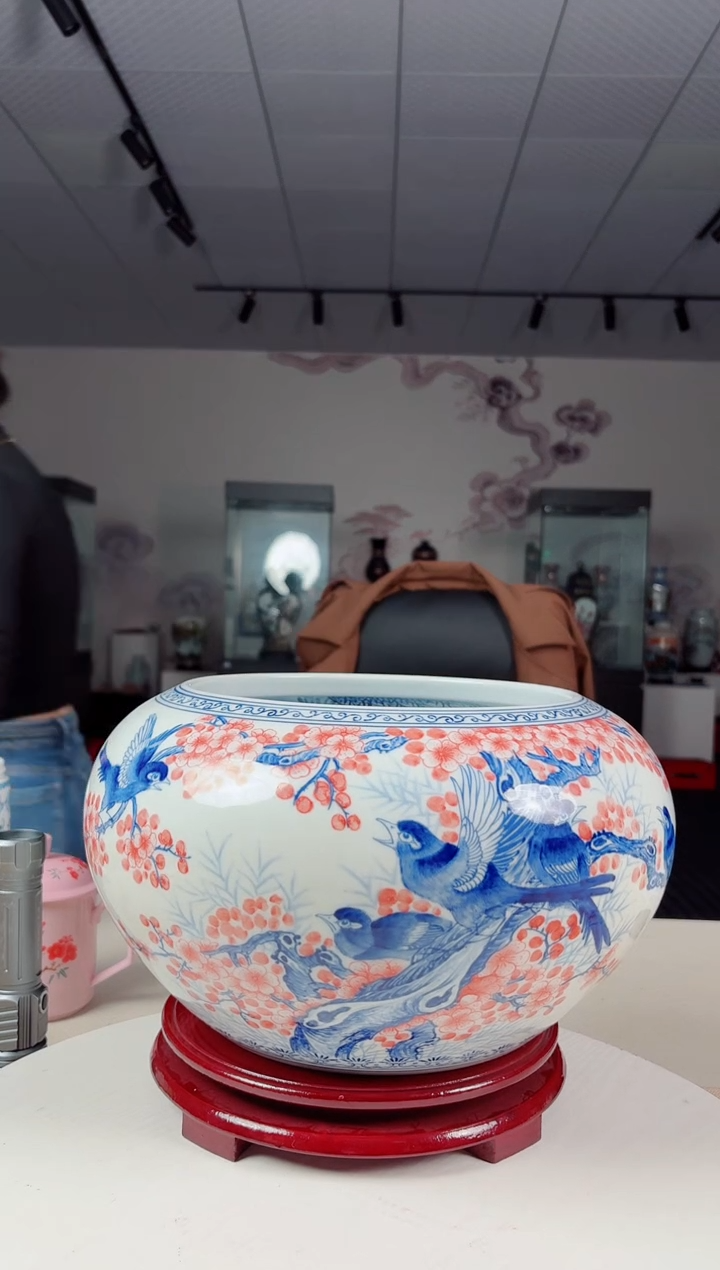 摆件陶瓷青花花鸟内绘童子聚宝盆（礼盒）+23公分底座