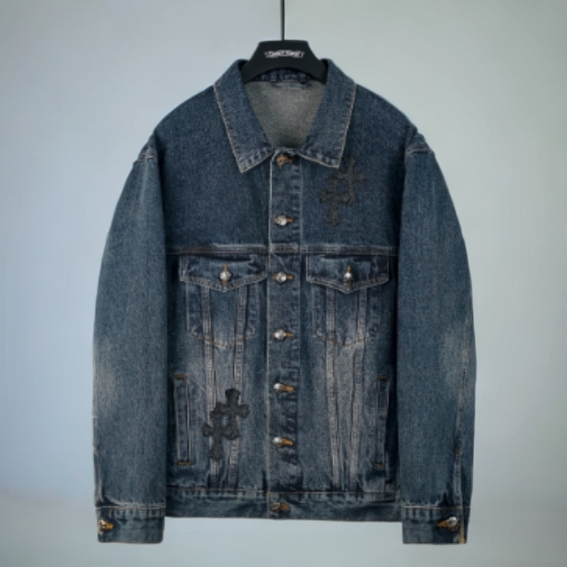 【3017】满身十字架贴皮欧美风潮流时尚重工洗水耐磨牛仔夹克外套