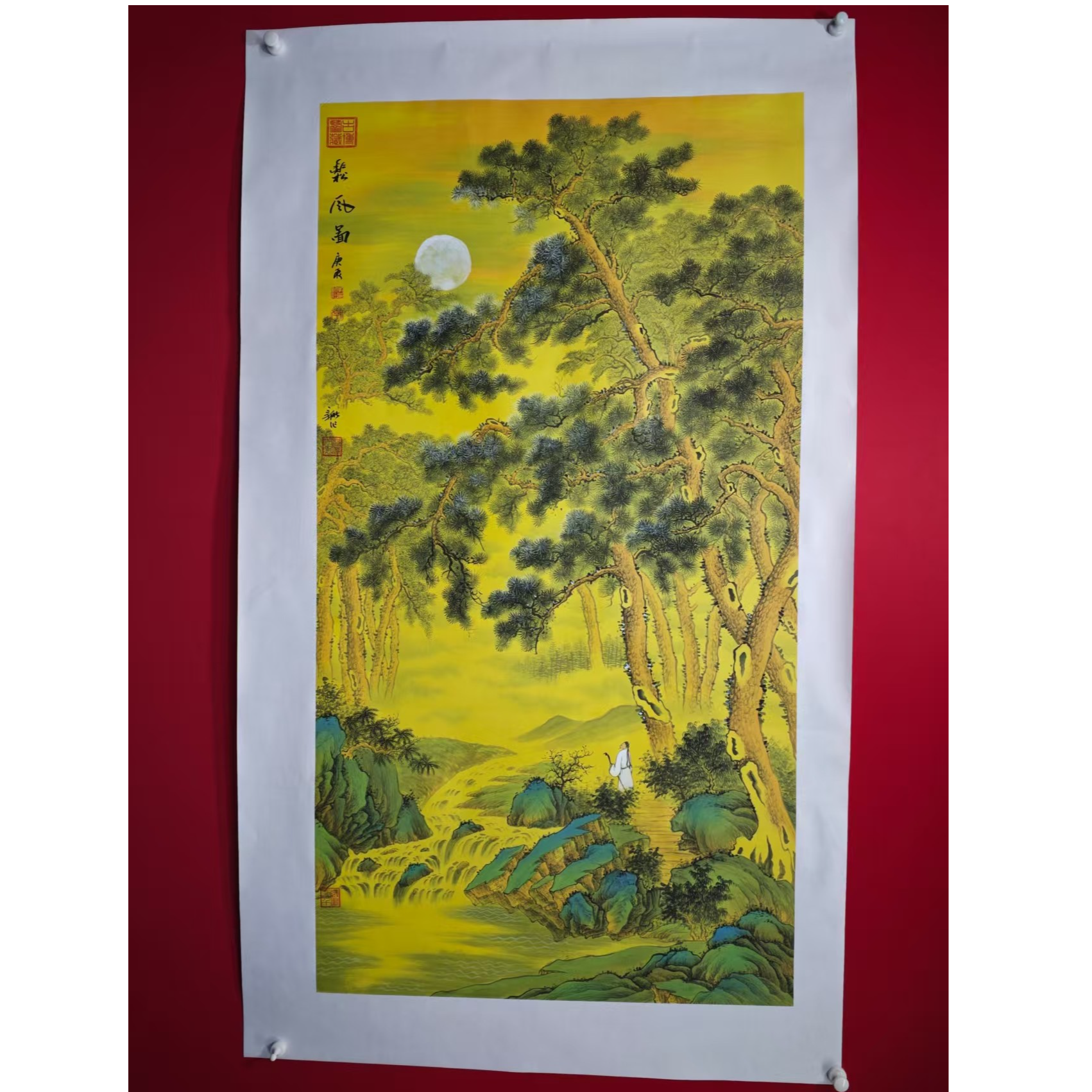 李新社手绘宣纸六尺竖幅松风图山水画