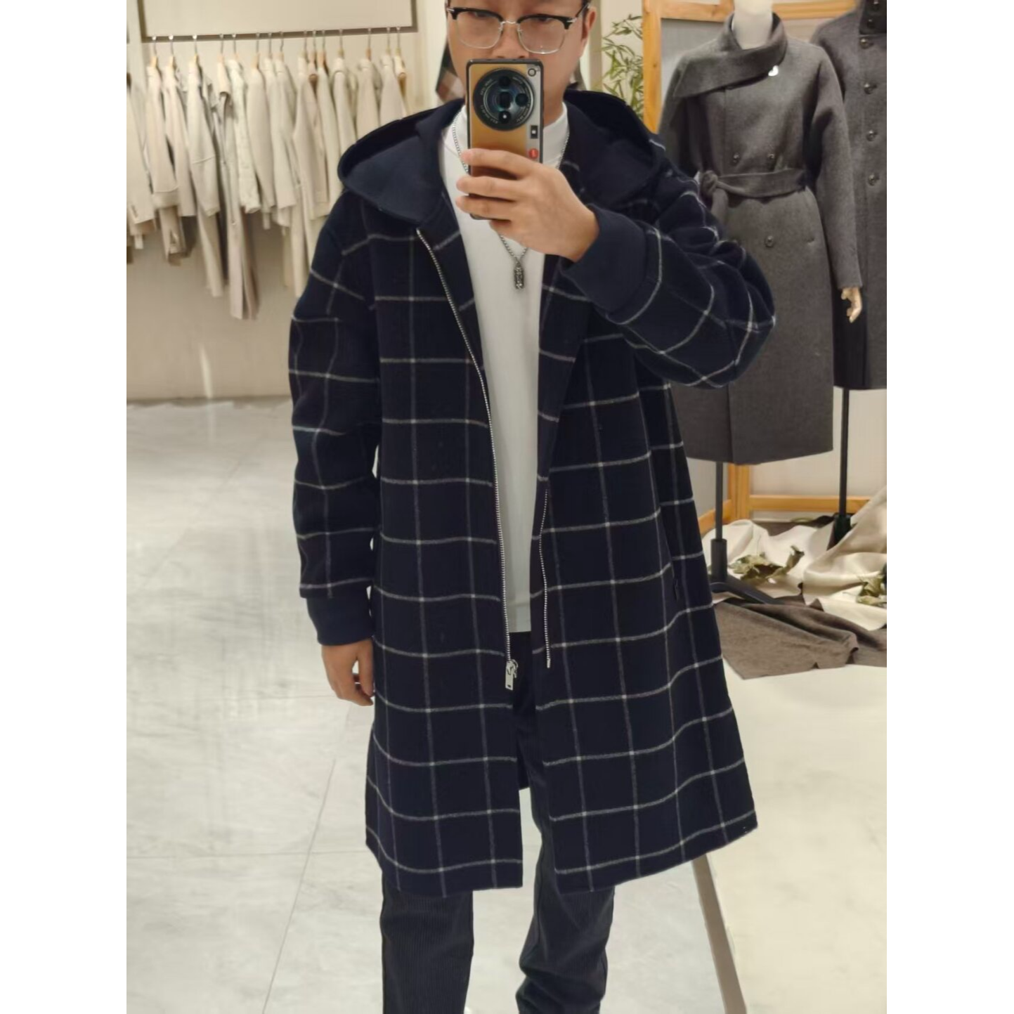 时尚连帽休闲宽松秋冬潮流格子韩版双面羊毛大衣·藏青/白格M