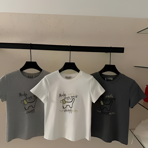 2025新款刺绣小狗印花短袖夏季修身显瘦T恤上衣