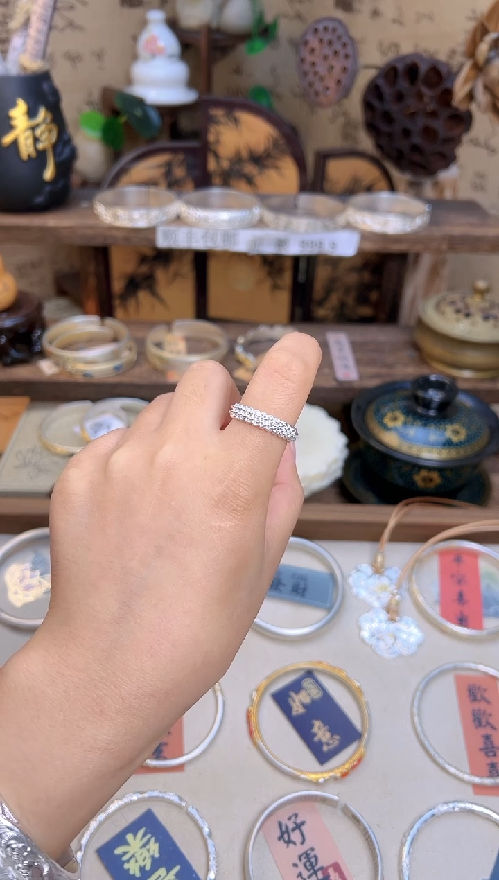 珐琅足银足银999纯手工编织开口戒指