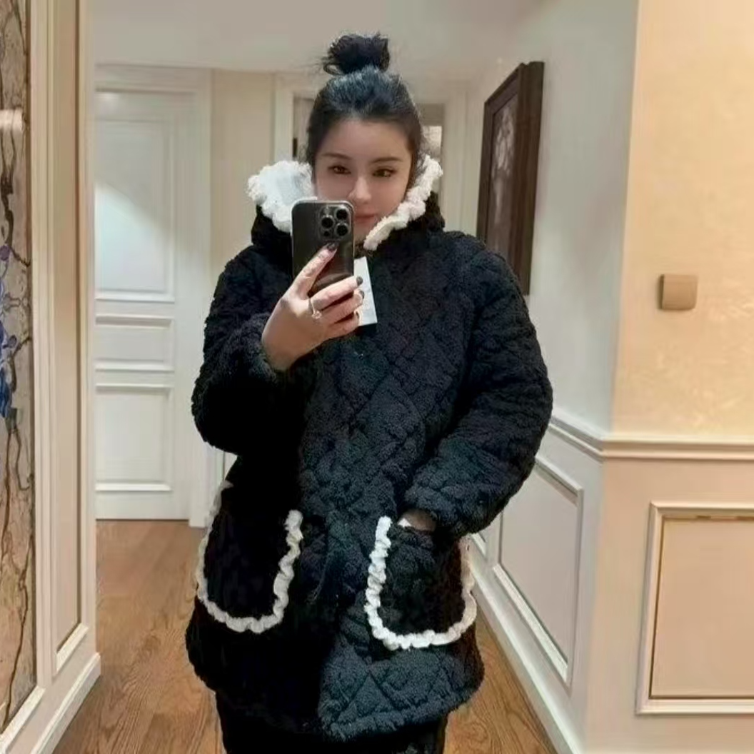 【三层夹棉】秋冬款加绒加厚中长款时尚女士睡衣可外穿家居服套装