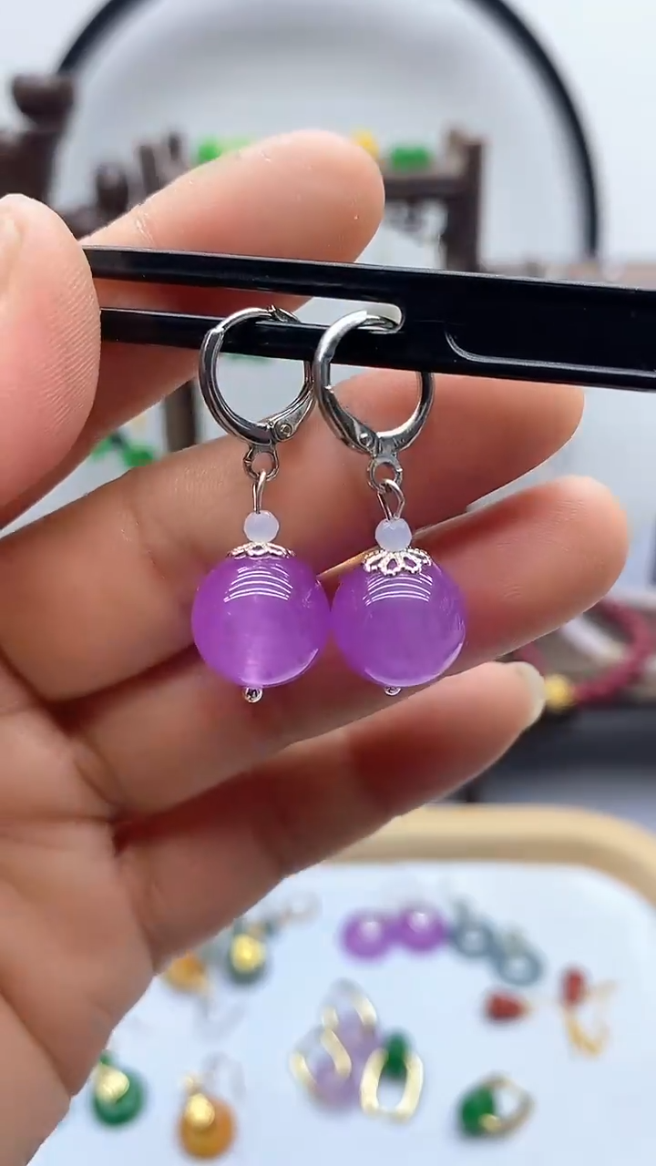 石英质玉（非洲翠）银S925镶嵌耳饰156