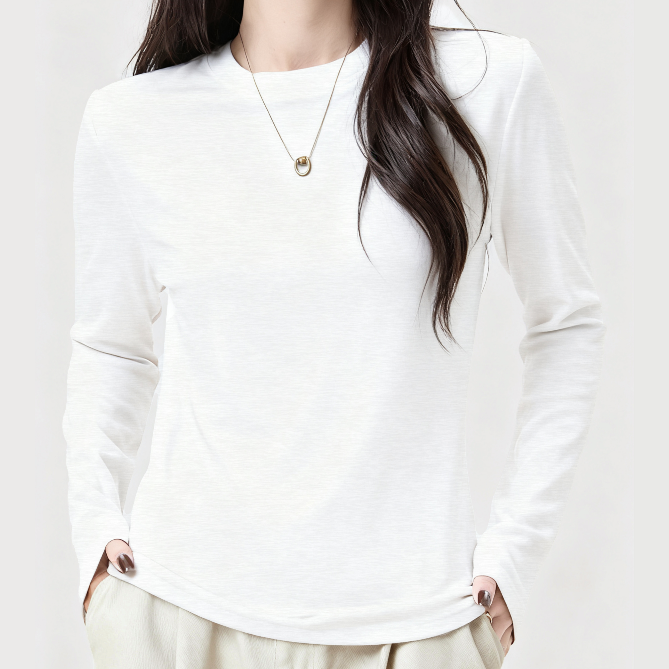 竹节棉春秋薄款宽松圆领长袖简约打底衫AW8