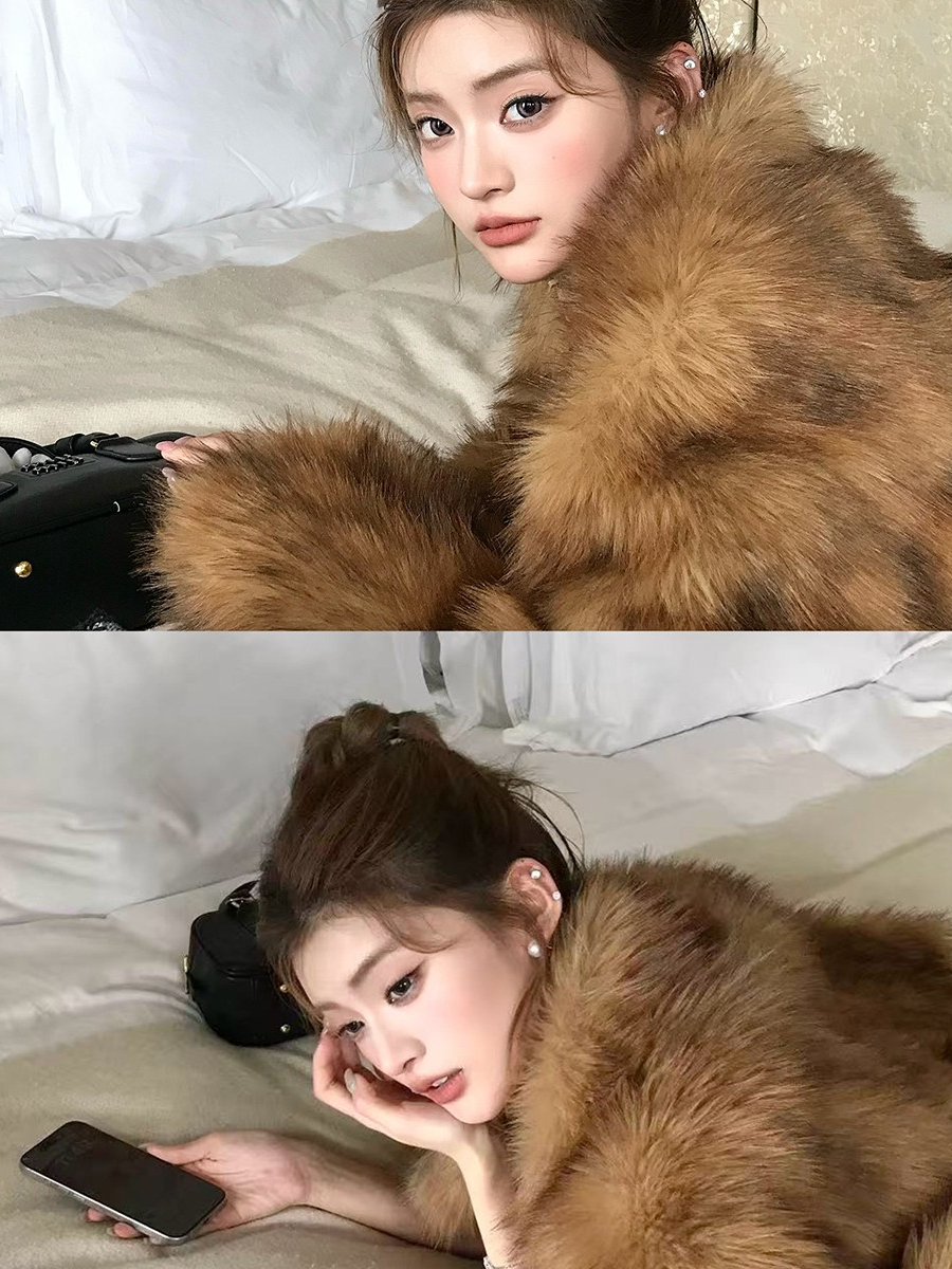 人造皮草 <火山家>琥珀琉光晕染毛毛外套女保暖显瘦环保皮草