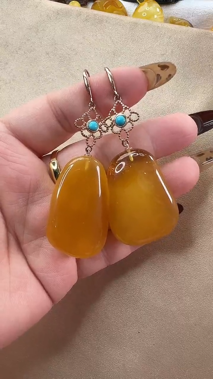 【闪购商品】琥珀耳饰银S925镶嵌耳环