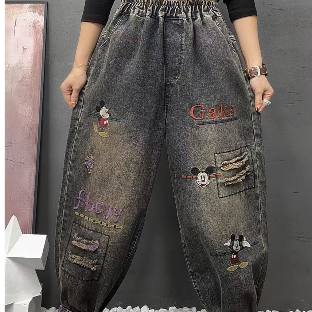 秋季新款宽松刺绣小米奇字母水洗牛仔裤休闲减龄显瘦哈伦裤女裤