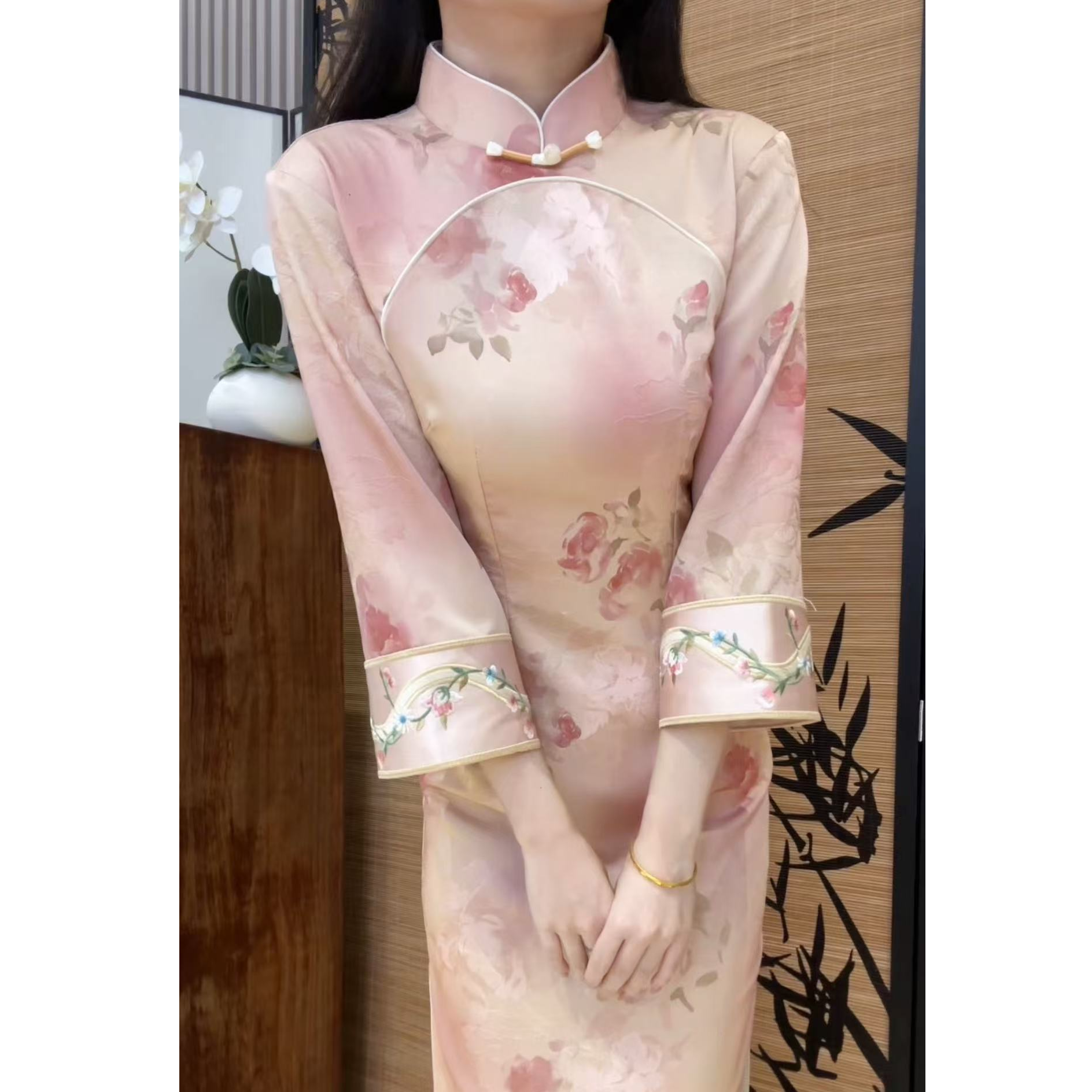 （溪亭）长袖厚款斜襟提花单旗袍旗袍春夏日常双层气质