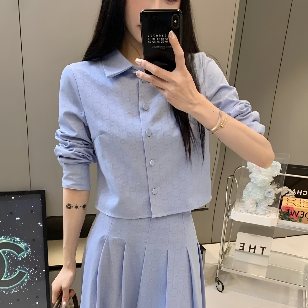 99新 GUCCI/古驰 2506165/42码/双Glogo满印短款长袖衬衫