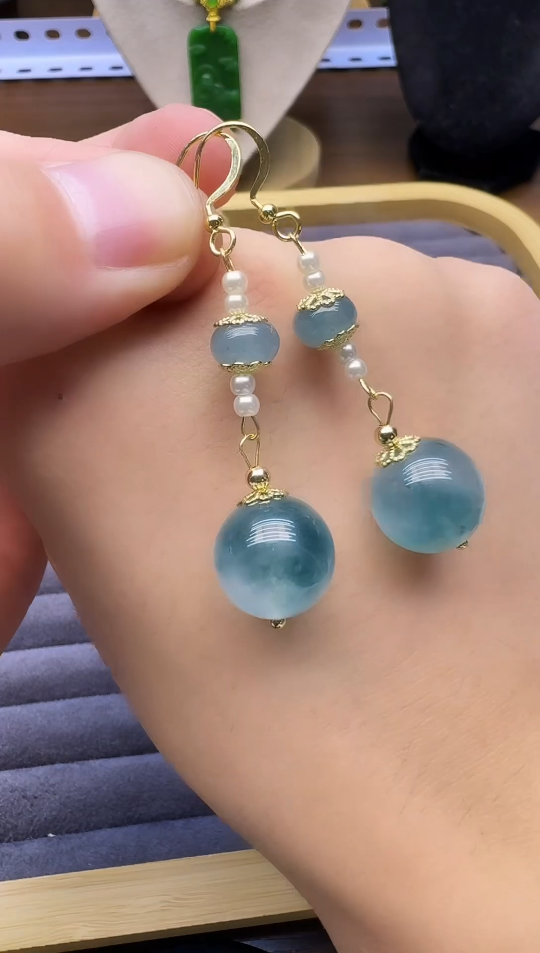 14K金镶嵌翡翠耳饰E23        