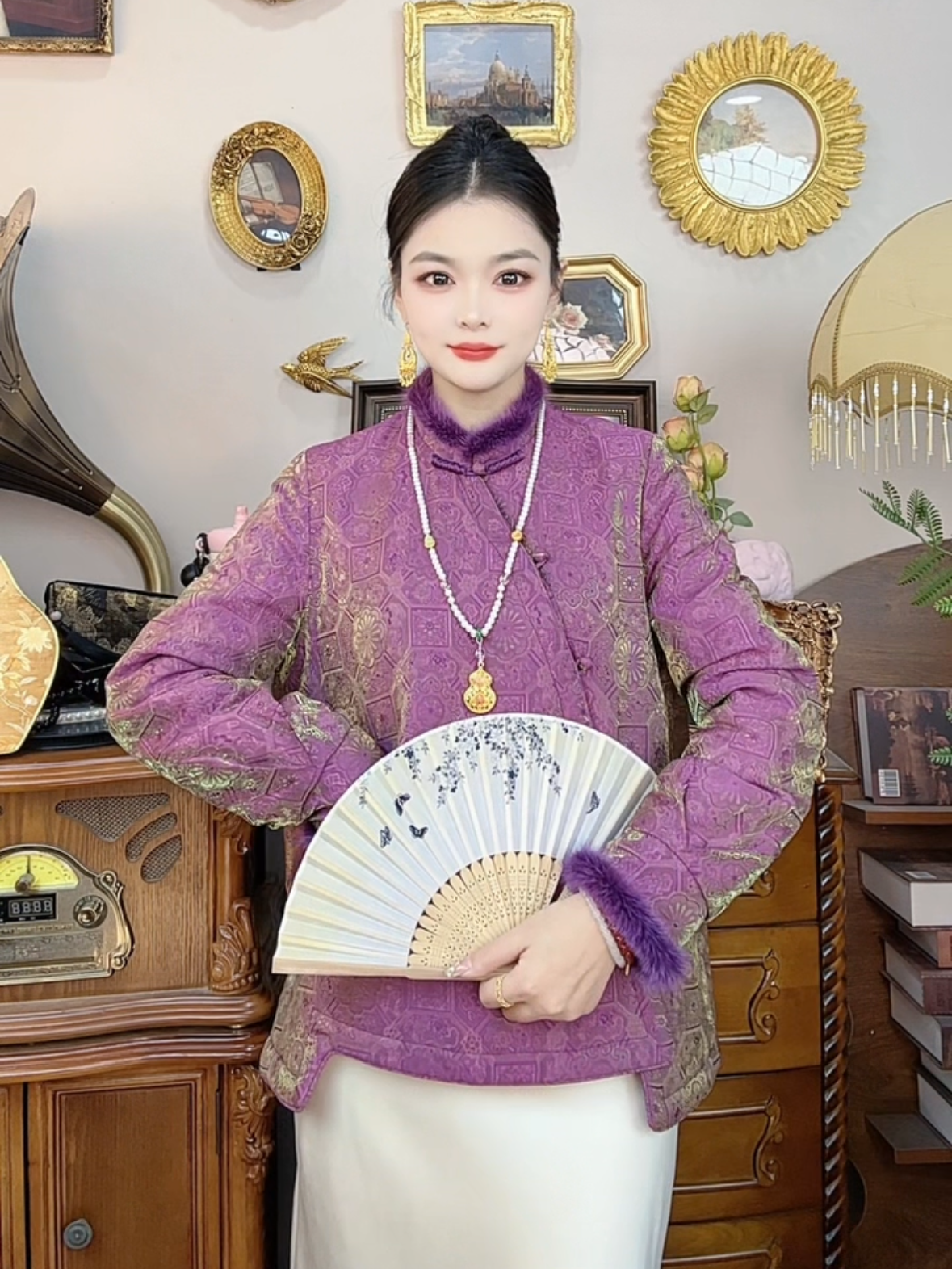 秋冬新中式国风立领斜襟盘扣拼接毛边外套显瘦气质百搭上衣