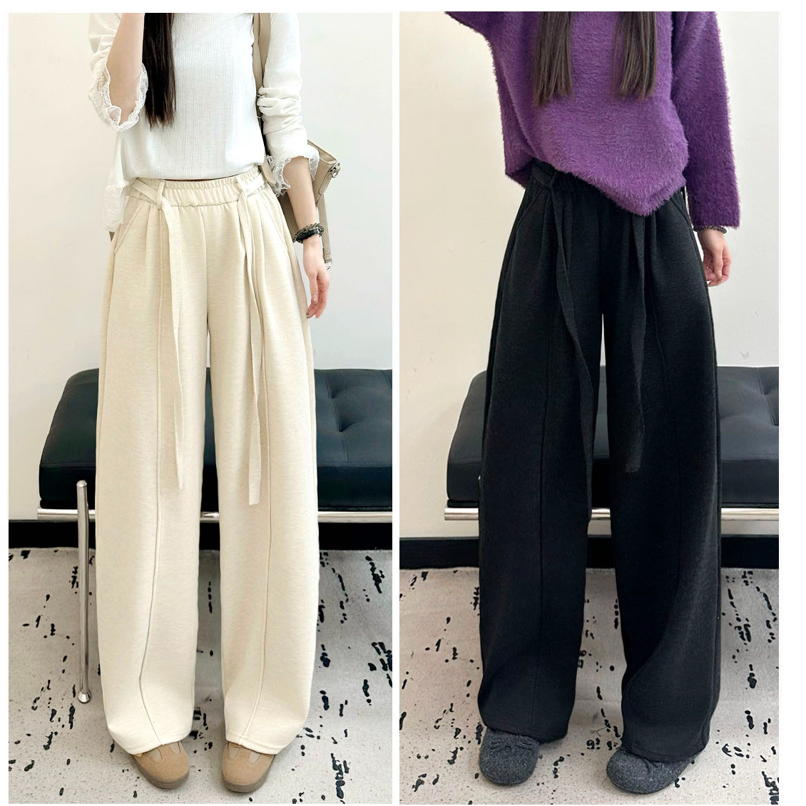 A.Li@秋冬休闲垂顺显瘦系带阔腿羊毛裤25216