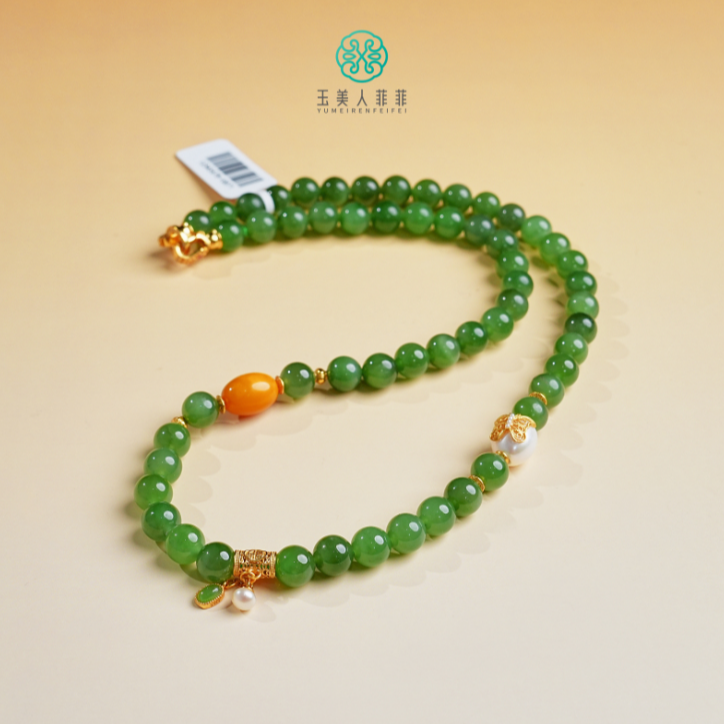 石惑珠宝%和田玉碧玉圆珠项链约8mm%多样性发一