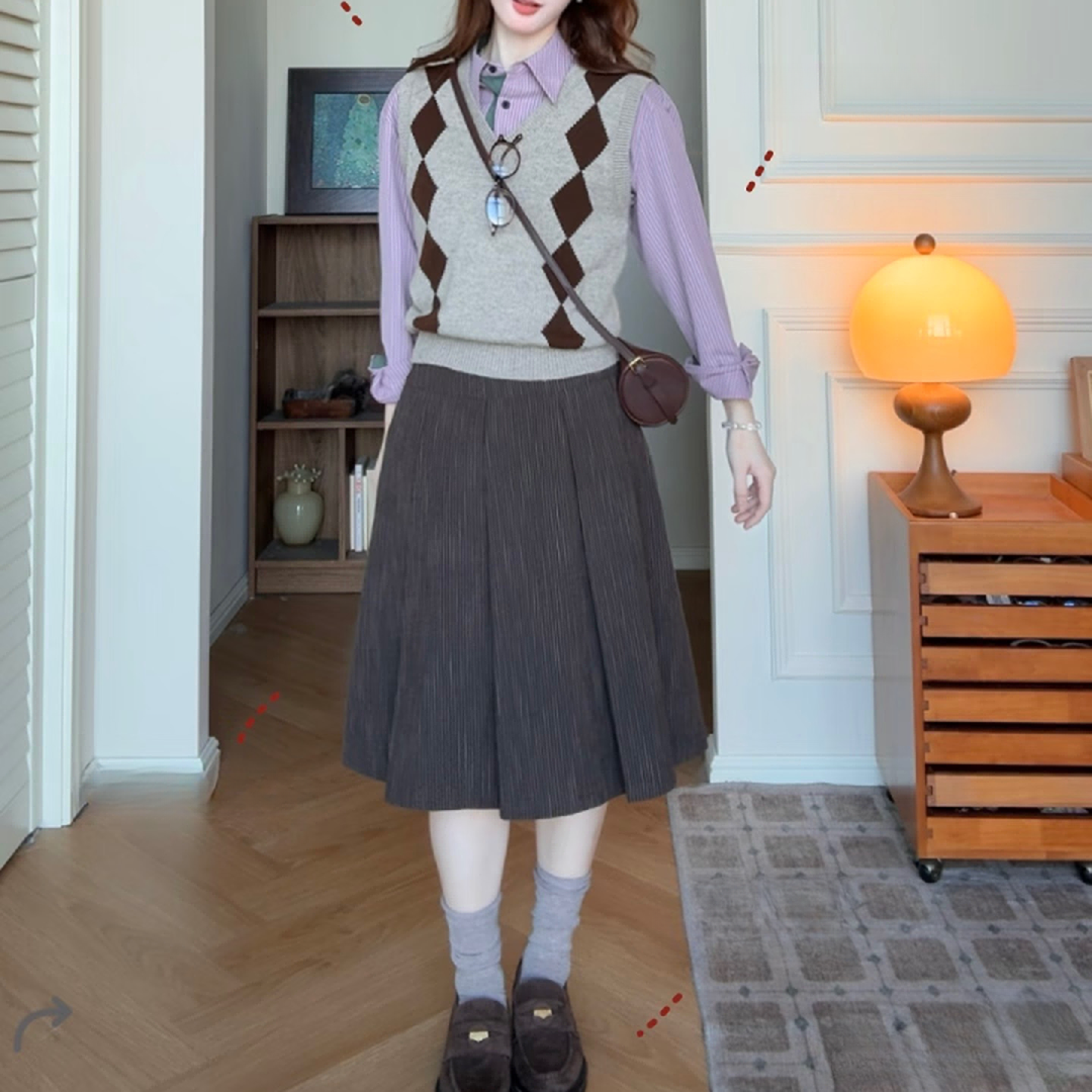 凤梨妹妹 韩系翻领条纹长袖衬衫叠穿针织马甲背心两件套上衣女