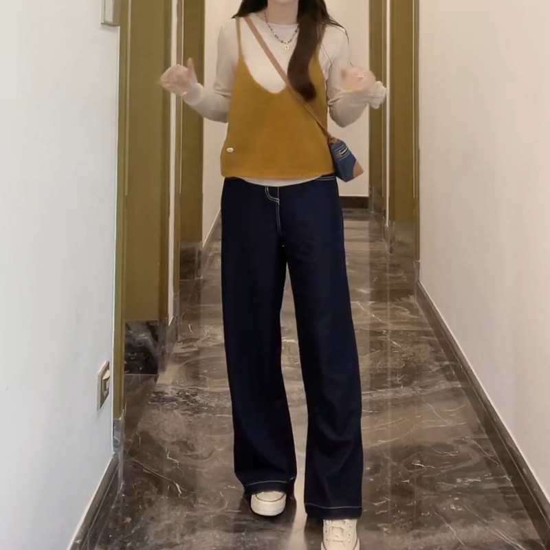 新款手袖玫瑰上衣+简约吊带背心+宽松深蓝牛仔裤三件套LK2505432