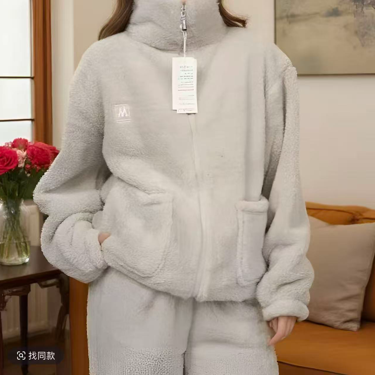 冬季睡衣法兰绒加厚加绒保暖珊瑚绒立领拉链可外穿家居服套装