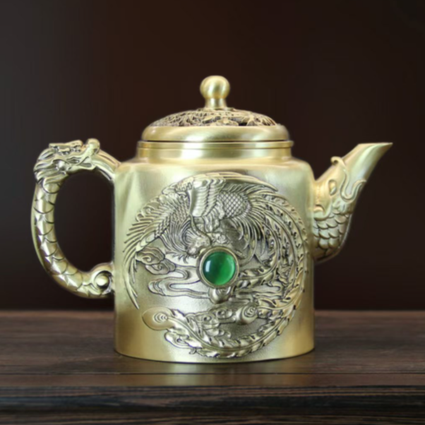 纯黄铜《龙凤宝石茶壶》茶壶铜壶龙凤茶壶旋转茶壶工艺品摆件