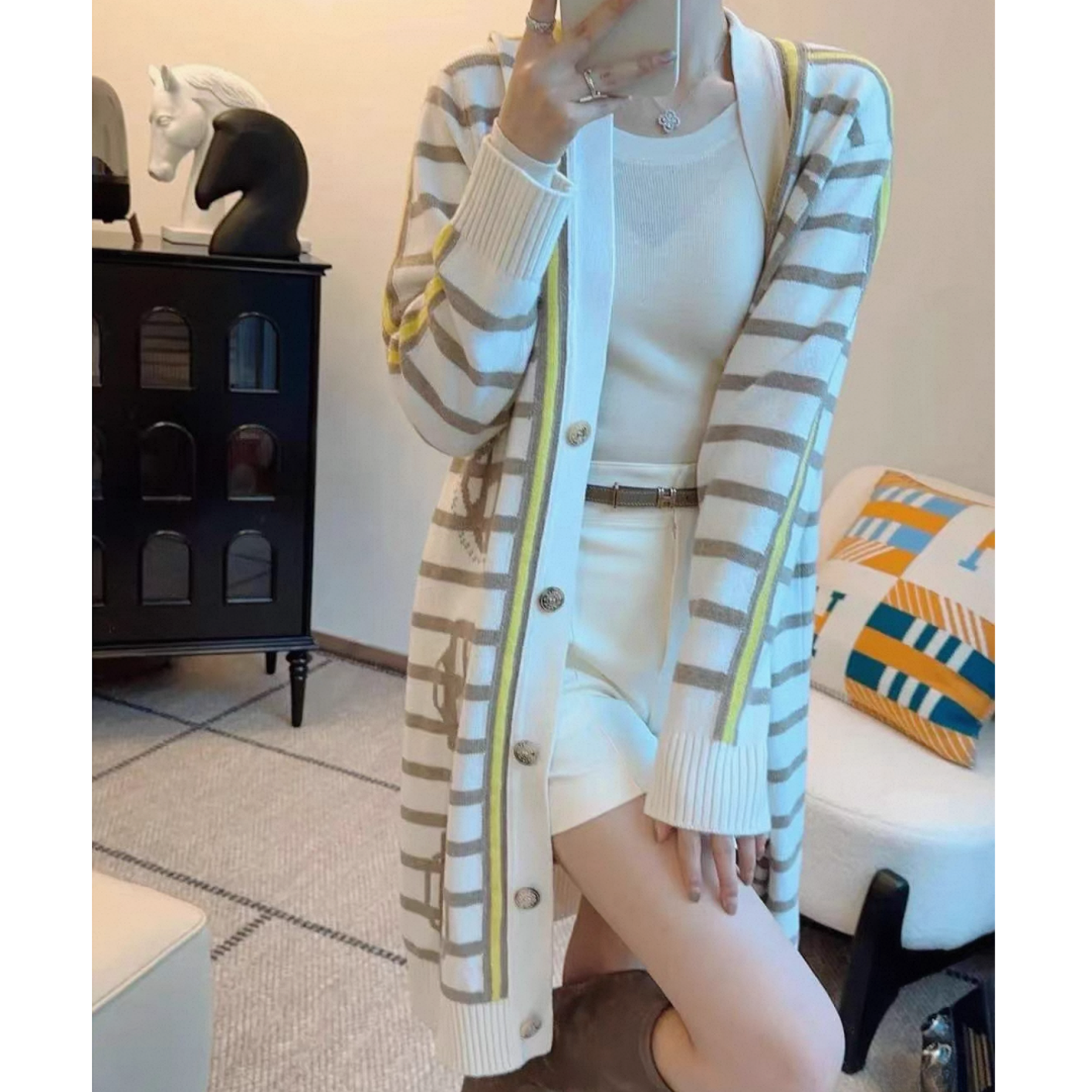 未使用 Hermes/爱马仕 条纹图案印花羊绒开衫 白色/38