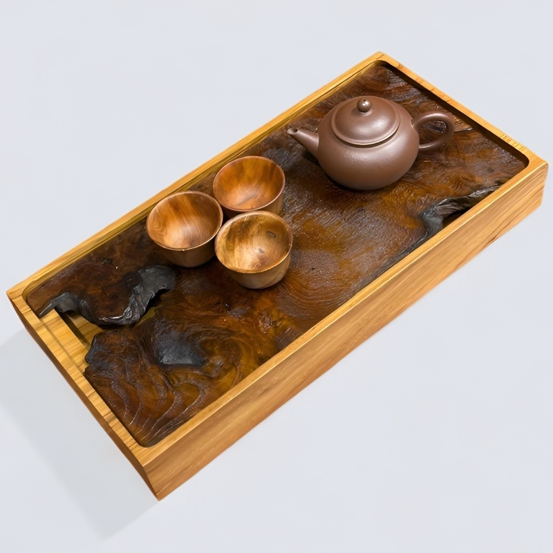 缅甸柚木长方形储水茶盘木制置物树疤自然面板40*20*5托盘家用