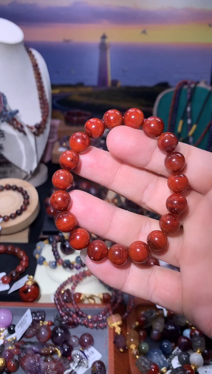 未镶嵌珠宝半成品水晶极光23牛血红圆珠手串，10m