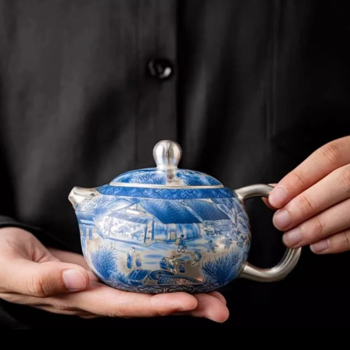茶具 清明上河图西施银壶鎏银-6298