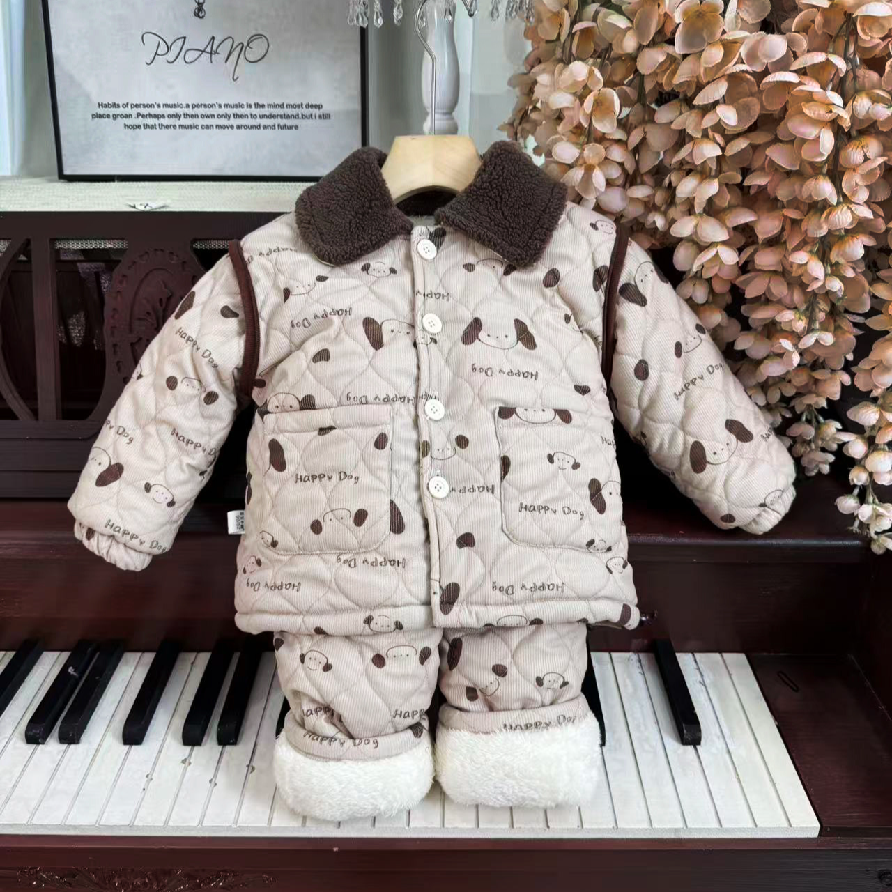 【四层加厚】咖色小狗咖色小兔宝宝家居服儿童套装可外穿冬季保暖