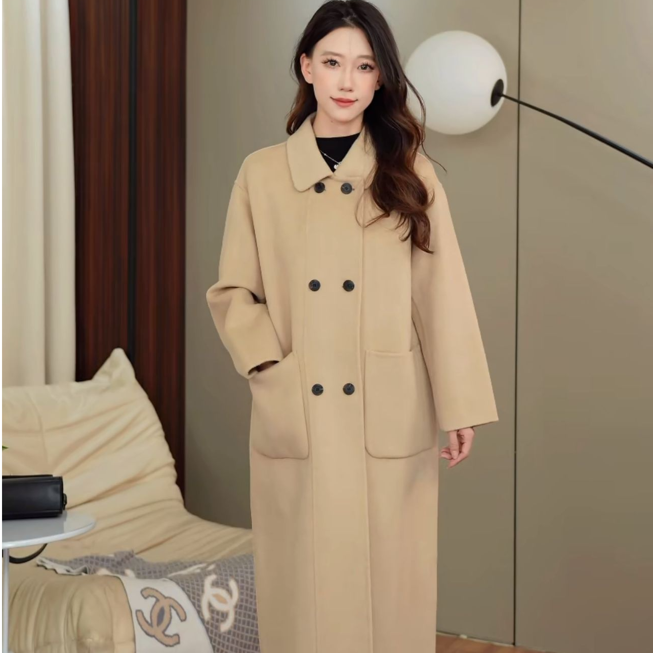 【DY009】HUIHUI. 双排扣宽松显瘦双面羊毛大衣中长款