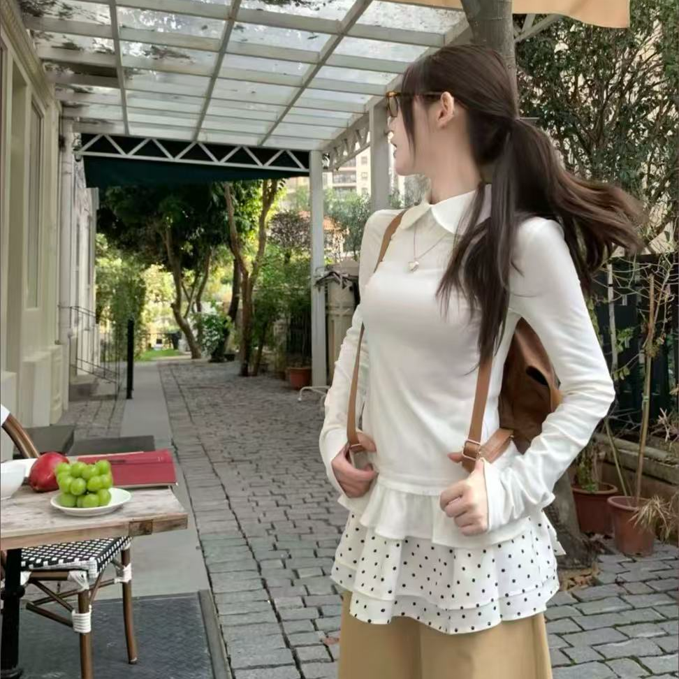 叠穿少女翻领荷叶边长袖T恤女秋冬波点屁帘内搭打底衫上衣 #8501