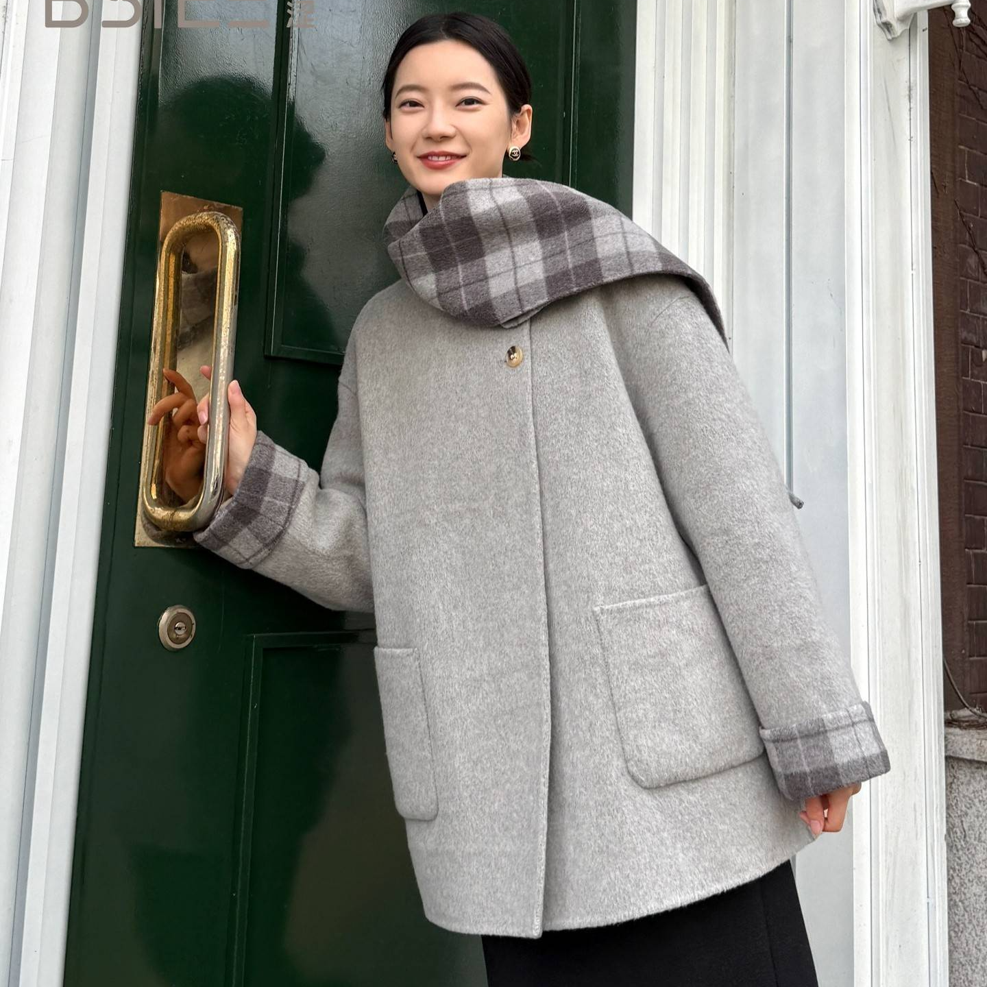 BSIEE/本涩H型格纹流苏中长大衣